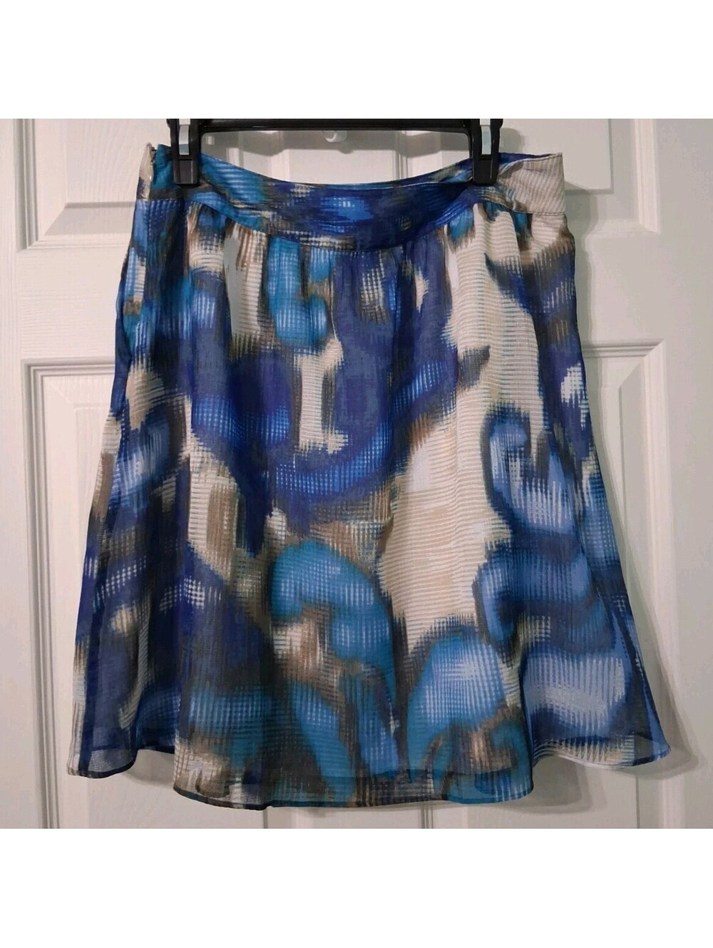 Apostrophe Blue Patterened Short Flared Skirt, Lined, Size 6, Side Zip, EUC